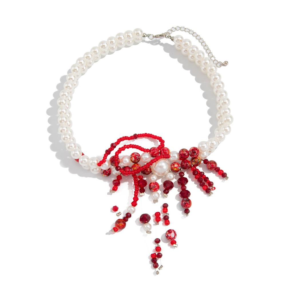 Gotický červený perlový náhrdelník Choker se skvrnami od krve Kreativní halloweenský náhrdelník s křížem a krví