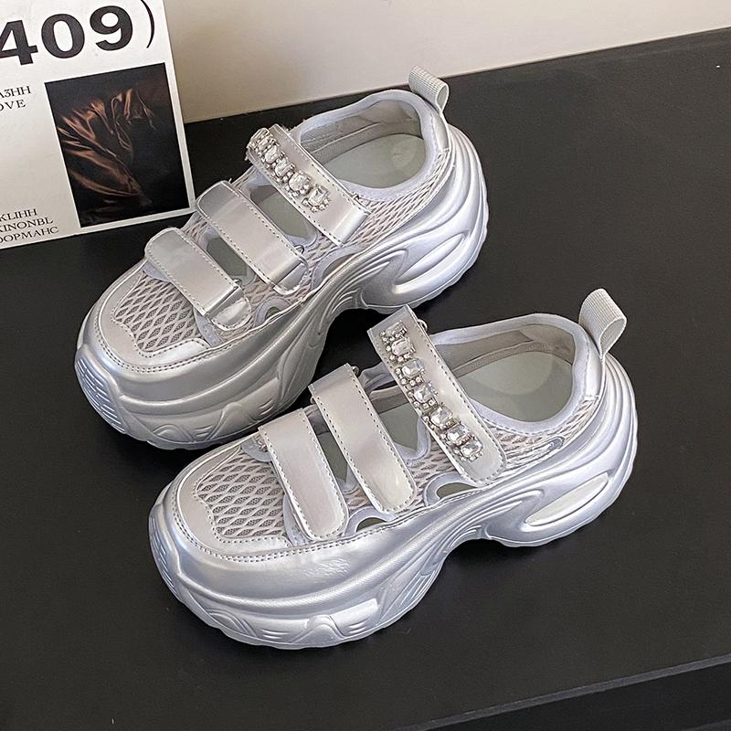 Fashion 6.5CM Breathable Hollow Leather Women Sandals Vulcanized Mesh Chunky Platform Crystal Shoes High Heels Casual Summer Sneakers