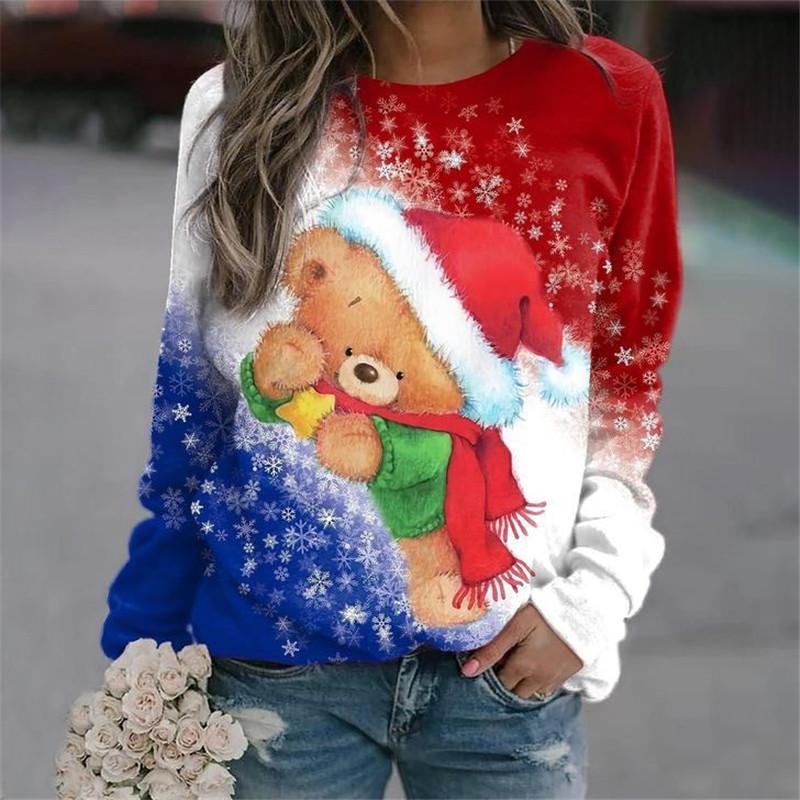 Christmas Snowman Pattern Women Fashion T-Shirts Autumn Winter Long Sleeve Christmas Style 3D Printed Ladies Street Tee Big Size