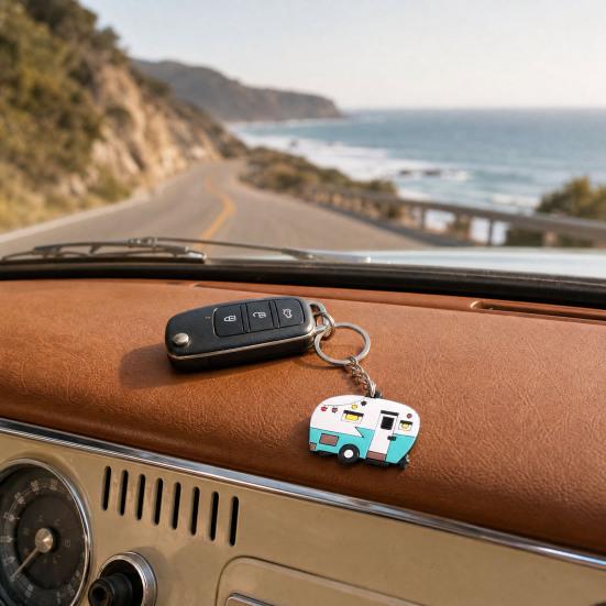 Cartoon RV Shape Keychain, Contrasting Color Keyring Accessories for Travel Trailers, Enameled Metal Retro Camping Car Keychain