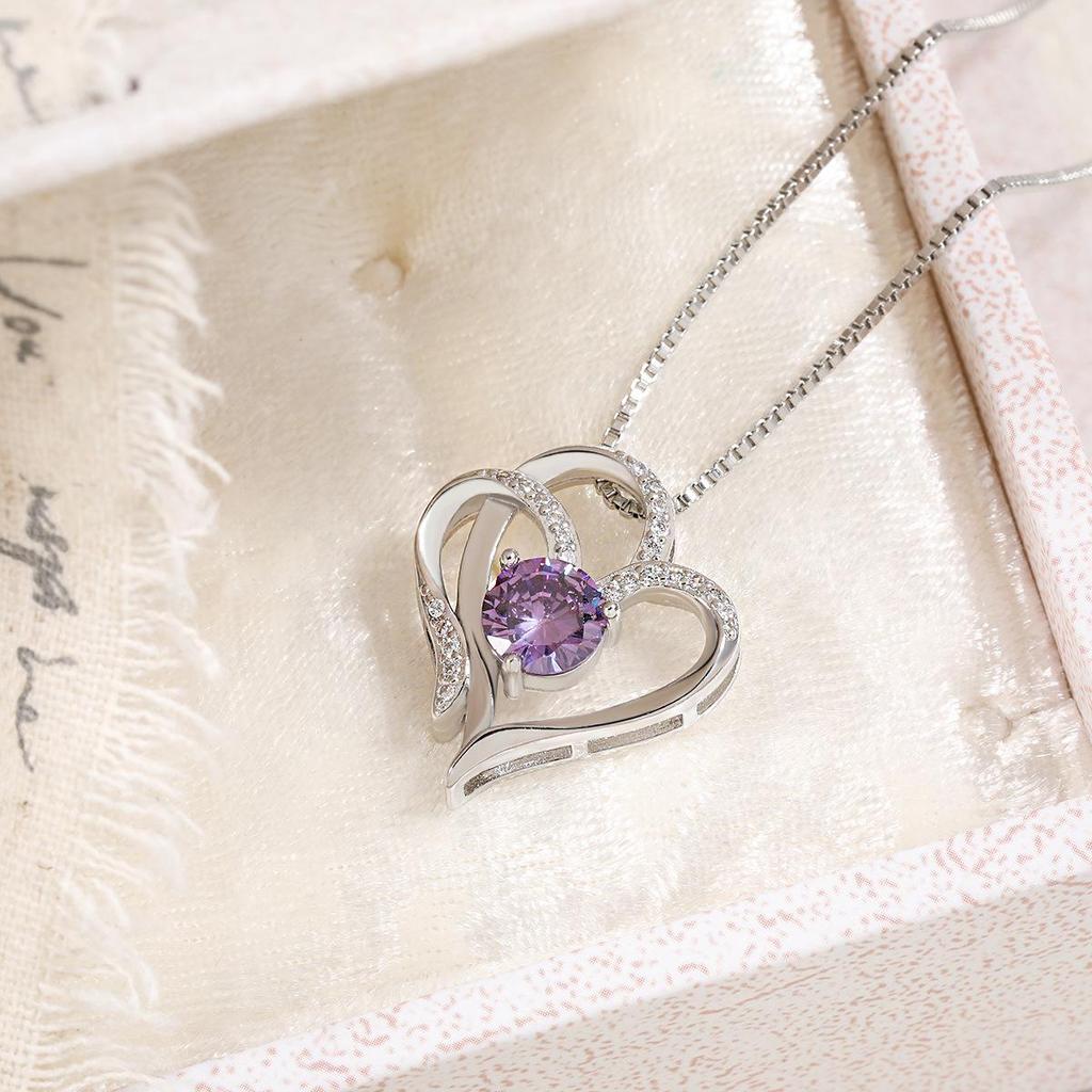 Elegant Double Heart Pendant Necklace with Colored Zirconia