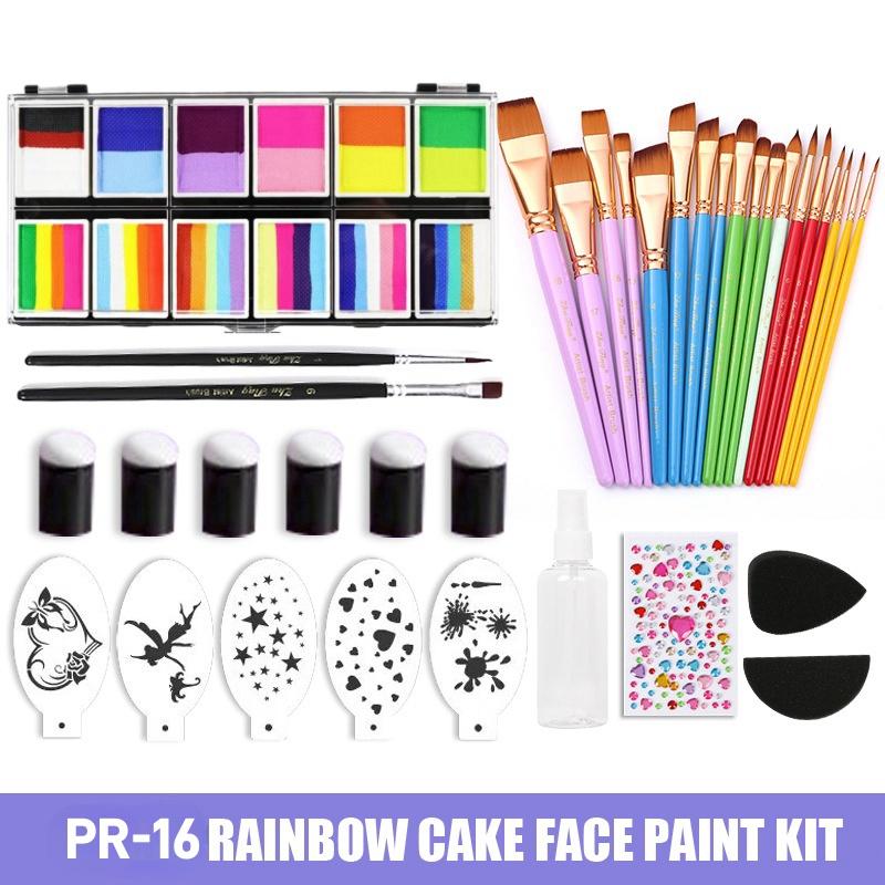 12 Farben Wasserbasierte Körperfarbe Strich Regenbogen Split Cakes Gesichtsmalerei Set mit 18 Pinseln Finger Schwamm und Schablone
