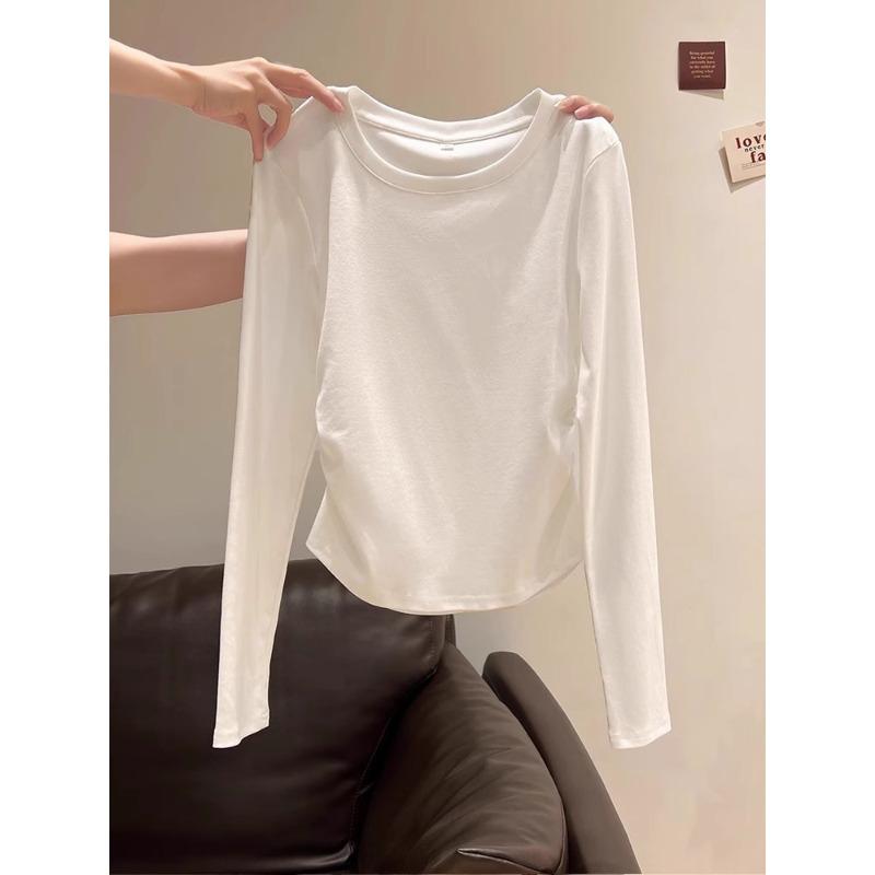 Cotton Waist Pleated Long-sleeved Shirt for Women's Spring, Autumn and Winter New Irregular Front Shoulder Top with Bottoming Shirt for Women