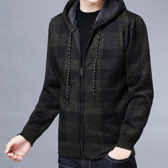 Men Jacket Plaid Pattern Breathable Polyester Sweater Hoodie for Winter