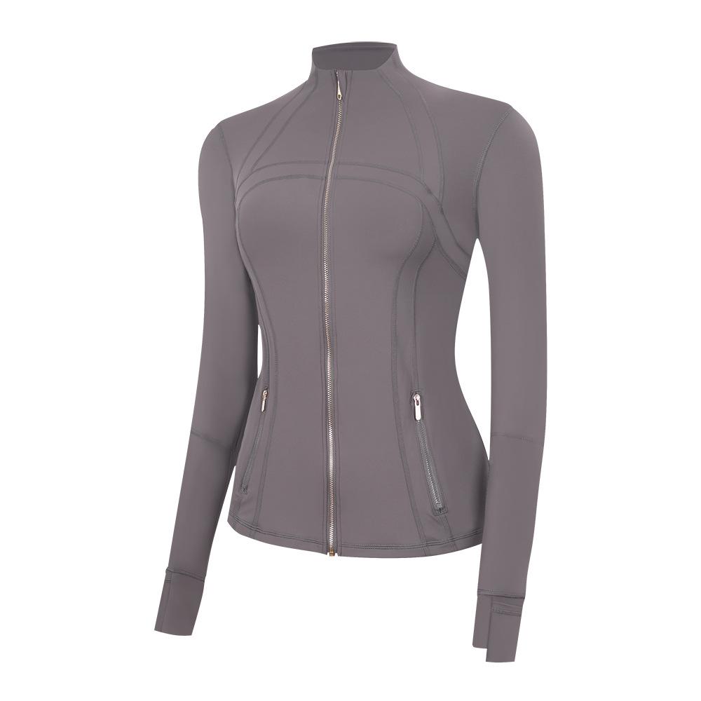 In Stock: LU Women's Slim Fit Yoga Jacket with Gold Zipper - Stand Collar Running Top