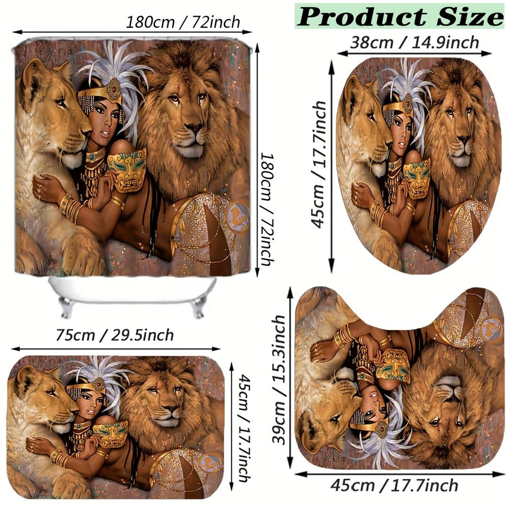Regal Royal Lion And Queen Majesty Bathroom Set - Waterproof Shower Curtain, Toilet Lid Cover, Soft Bath Mat, And Contour Mat