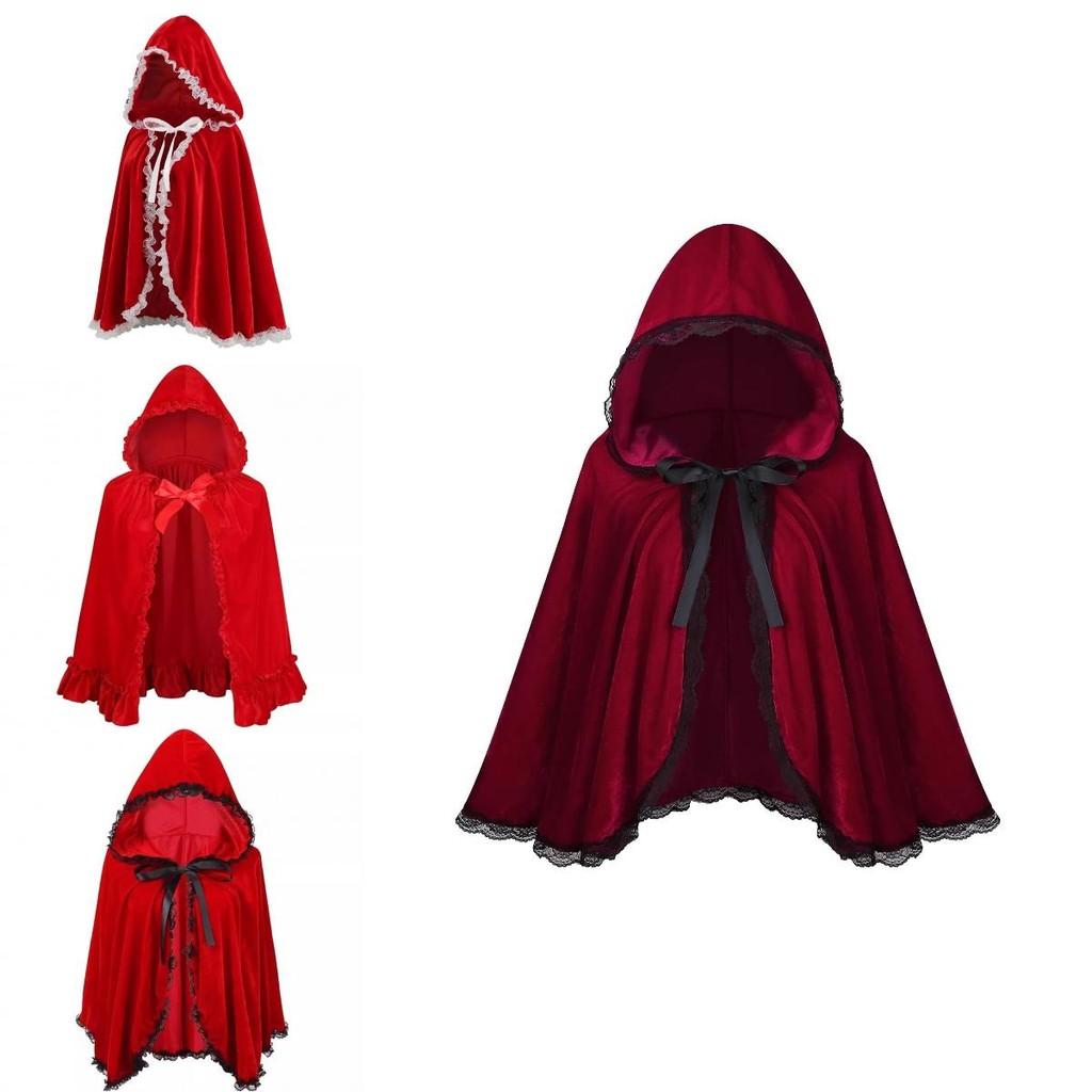 Lussuoso Mantello Corto con Cappuccio e Bordi in Pizzo Rosso Vino per Donna Perfetto per Halloween e Altro