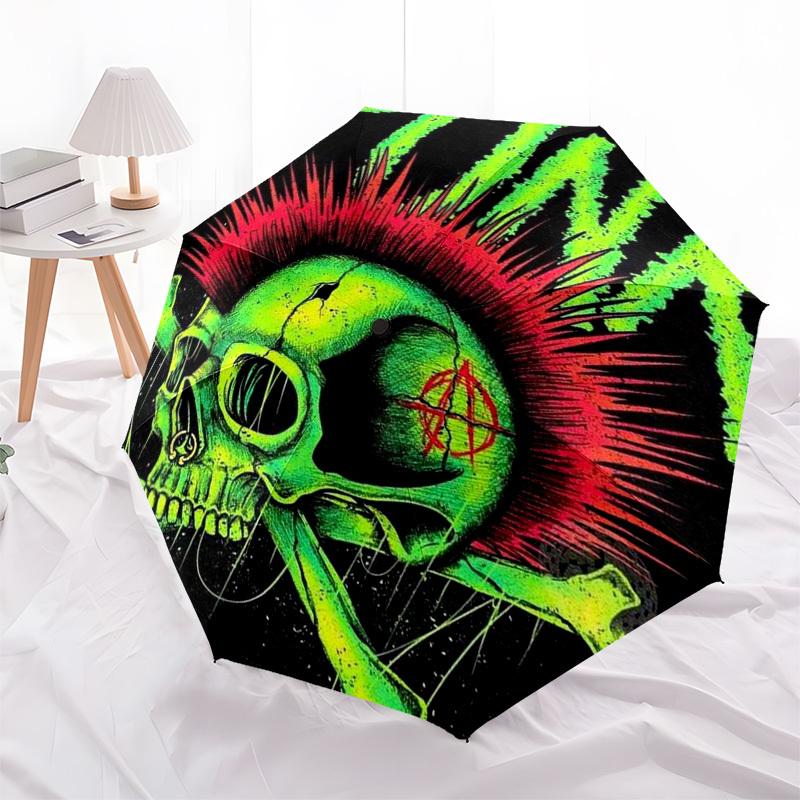 

1pc Punk Skull Mohawk Outdoor Umbrella - Automatic Open/Closed 3-Fold Design with Anarchy Symbol, Perfect Gift for Fans and Travelers.L022