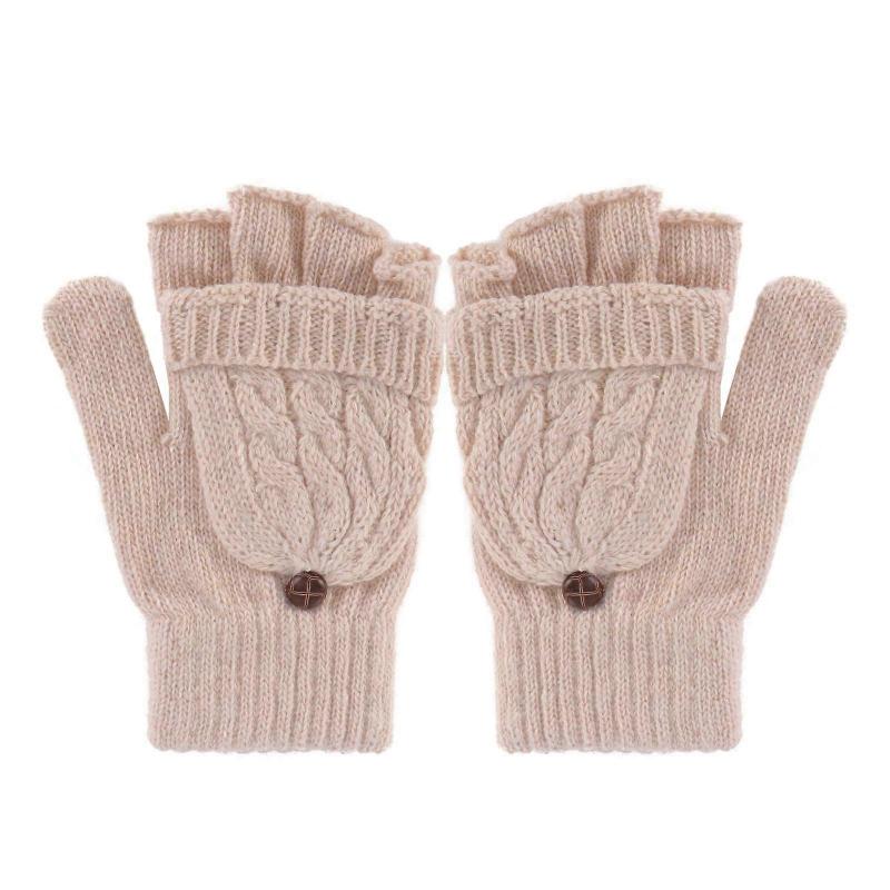 Women Winter Warm Wool Knitted Convertible Fingerless Gloves With Mitten Cover (Beige)