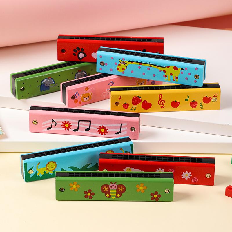 

10Pcs Cartoon 16 Holes Wooden Harmonica Music Education Toys for Kids Birthday Party Favors Piniata Fillers Back To School Gifts