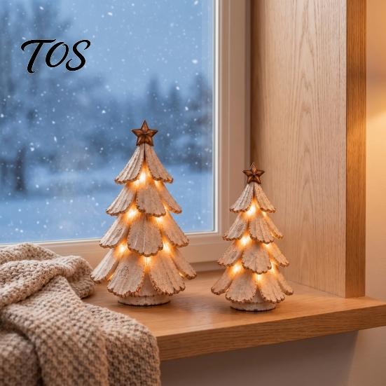 Ornements de Noël Style Rétro Figurine d'Arbre de Noël Lumineuse Vintage, Centre de Table Scintillant avec Lumière de Décoration de Table Festif LED, Hiver