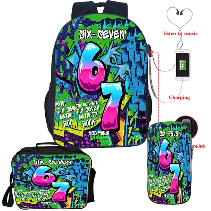 67 Zes Zeven Italiaans Hersenen Cartoon USB Oplaadbare Rugzakken Lunchtas Etui 3 stuks 67 Zes Zeven Nummer DIY Leuk Spel Rugzak 67 Six Seven It bag3