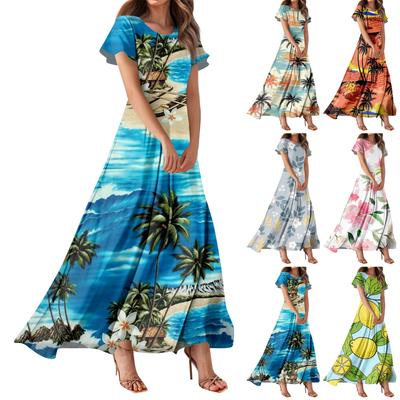 Robe décontractée à col rond et manches courtes à imprimé hawaïen pour femme