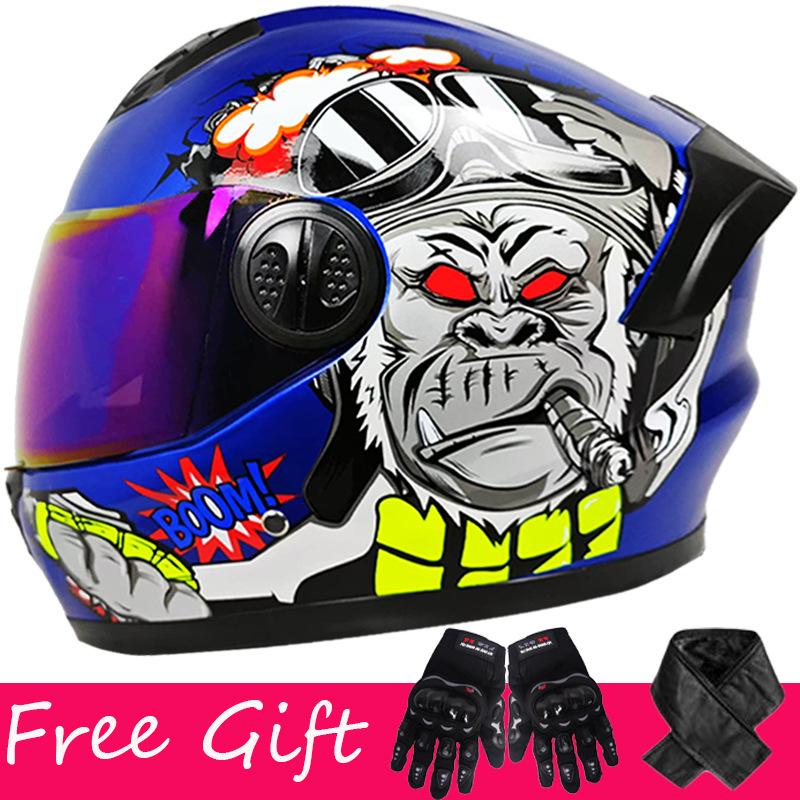 Gloves + Scarf, Double Lens Full-coverage Helmet for Men and Women Riding Four-season Safety Helmet