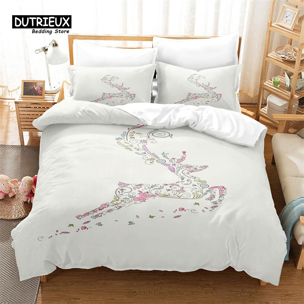 Cartoon Elk Duvet Cover Giraffe Deer Bedding Set Full For Kids Teens Room Decor Wild Animal Floral Quilt Cover With Pillowcases