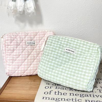 Casual Women's Cosmetic Pouch Large Capacity Travel Storage Bags Simple Plaid Ladies Clutch Handbags Pink Canvas Female Bag