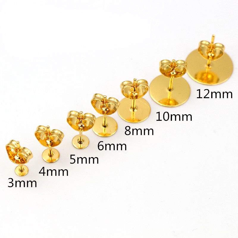 100 Pack Stainless Steel Flat Post Stud Earrings 3-12mm, Gold Water Plated, No Backs Included