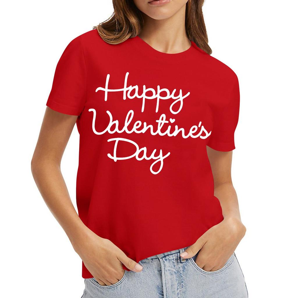 Women's Casual Valentine's Day Printed Short Sleeved Loose Round Neck Pullover Top Top