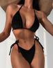 Women's Swimsuit Solid Color Creasing Halter Neck Sexy Side Ties High Waist Bikini Beachwear Bathing Suits