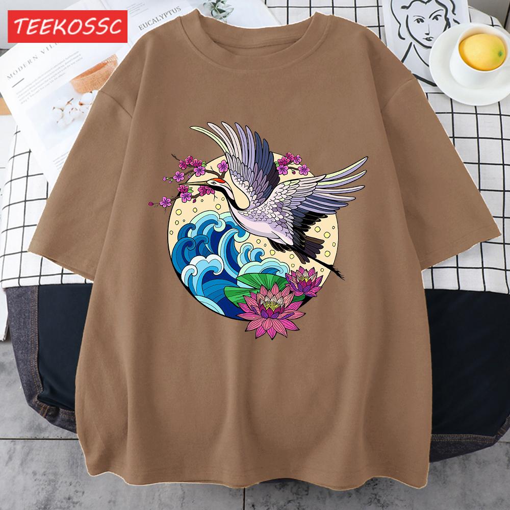 Cranes Enjoy Blooming Flowers Men T Shirts Vintage Fashion Soft Short Sleeve Summer Comfortable TShirt Unisex Cotton Loose Top