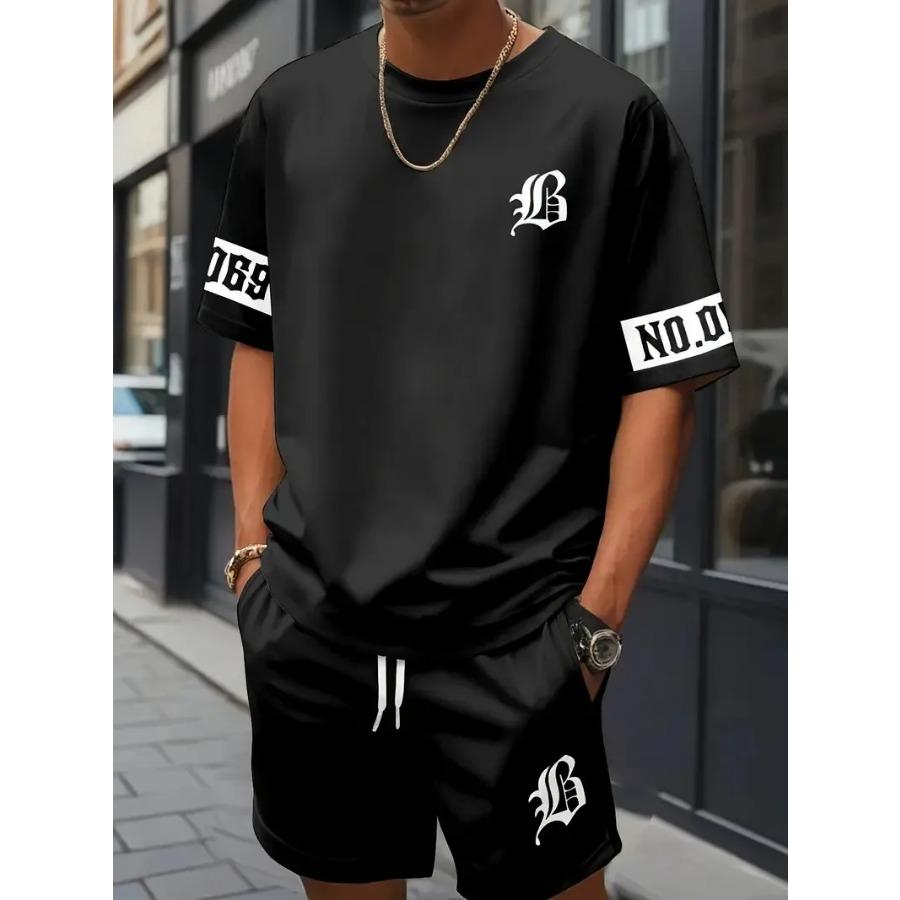 The Sport Wear summer new men's set features street hip-hop casual fashionable comfortable and soft 3D letter pattern printing