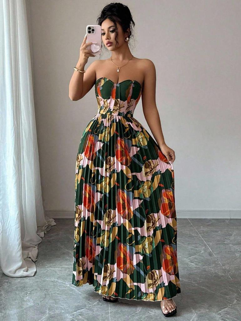 European and American women's clothing women's elegant tube top print dress pleated skirt slim dress