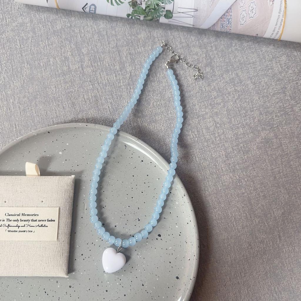 Candy Color Beaded Necklace Niche Design Fashion and Versatile Heart-shaped Necklace Women Girls Sweet Collarbone Chain Jewelry