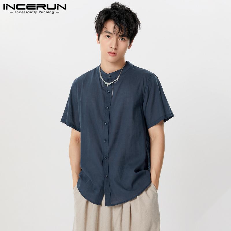 INCERUN Men Short Sleeve Bittons Shirts Summer Casual T-shirts