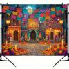 2D Día De Los Muertos Street Scene Wall Tapestry, Colorful Mexican Holiday Backdrop for Living Room