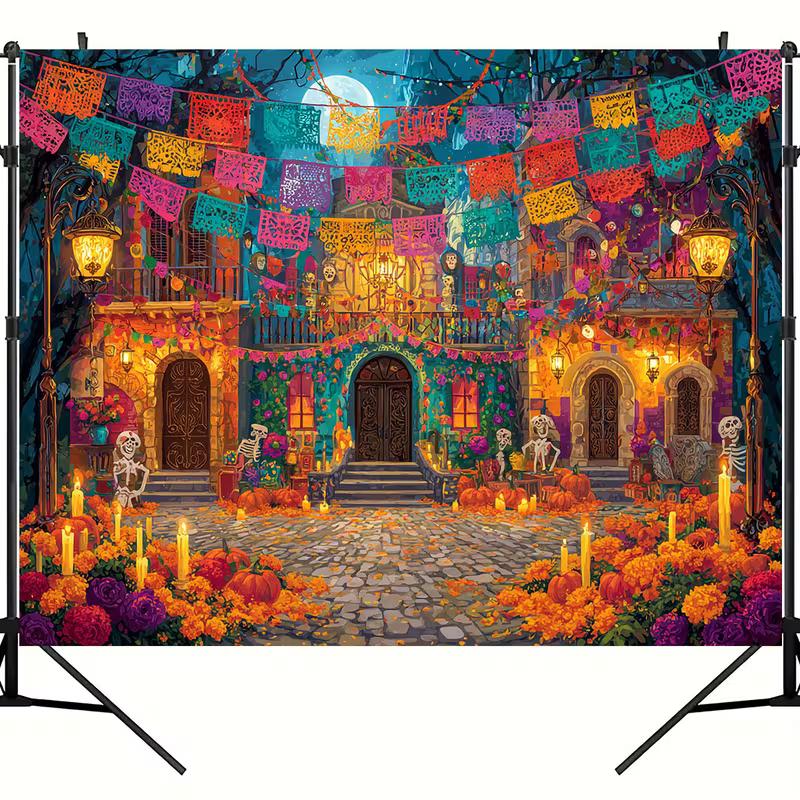 2D Día De Los Muertos Street Scene Wall Tapestry, Colorful Mexican Holiday Backdrop for Living Room