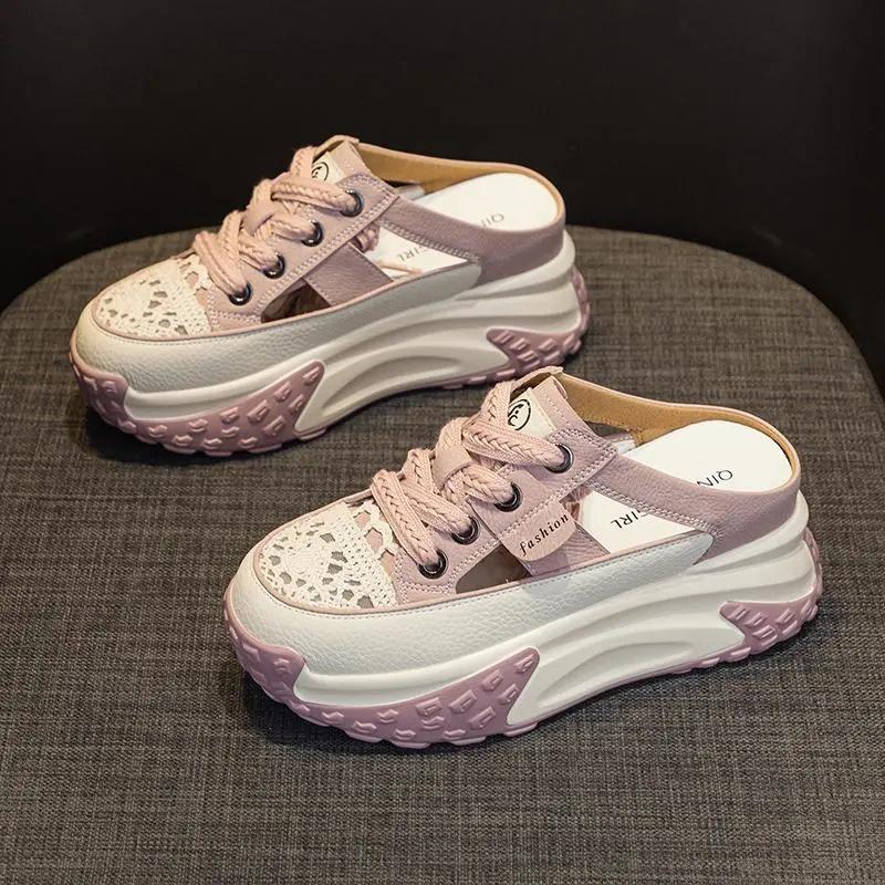 

Baotou half slippers women s summer outer sandals 2025 hollowed out new popular thick-soled inner heightening hole dad shoes 40 розовый