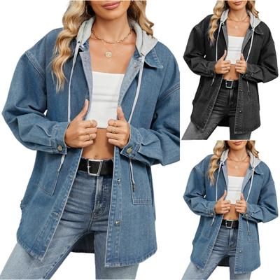 Women's Fashionable Versatile Classic Retro Solid Color Lapel Long Sleeved Pocket With Hat Loose Denim Jacket