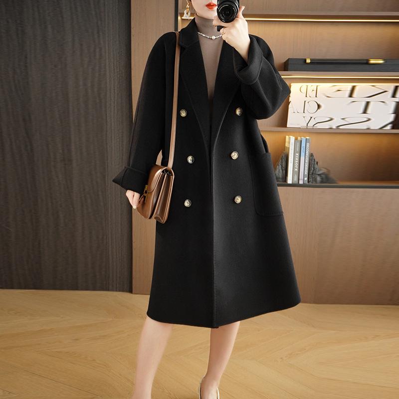 Women's Extra-Long Double-Faced Wool Trench Coat – Classic Suit Collar for Autumn and Winter.