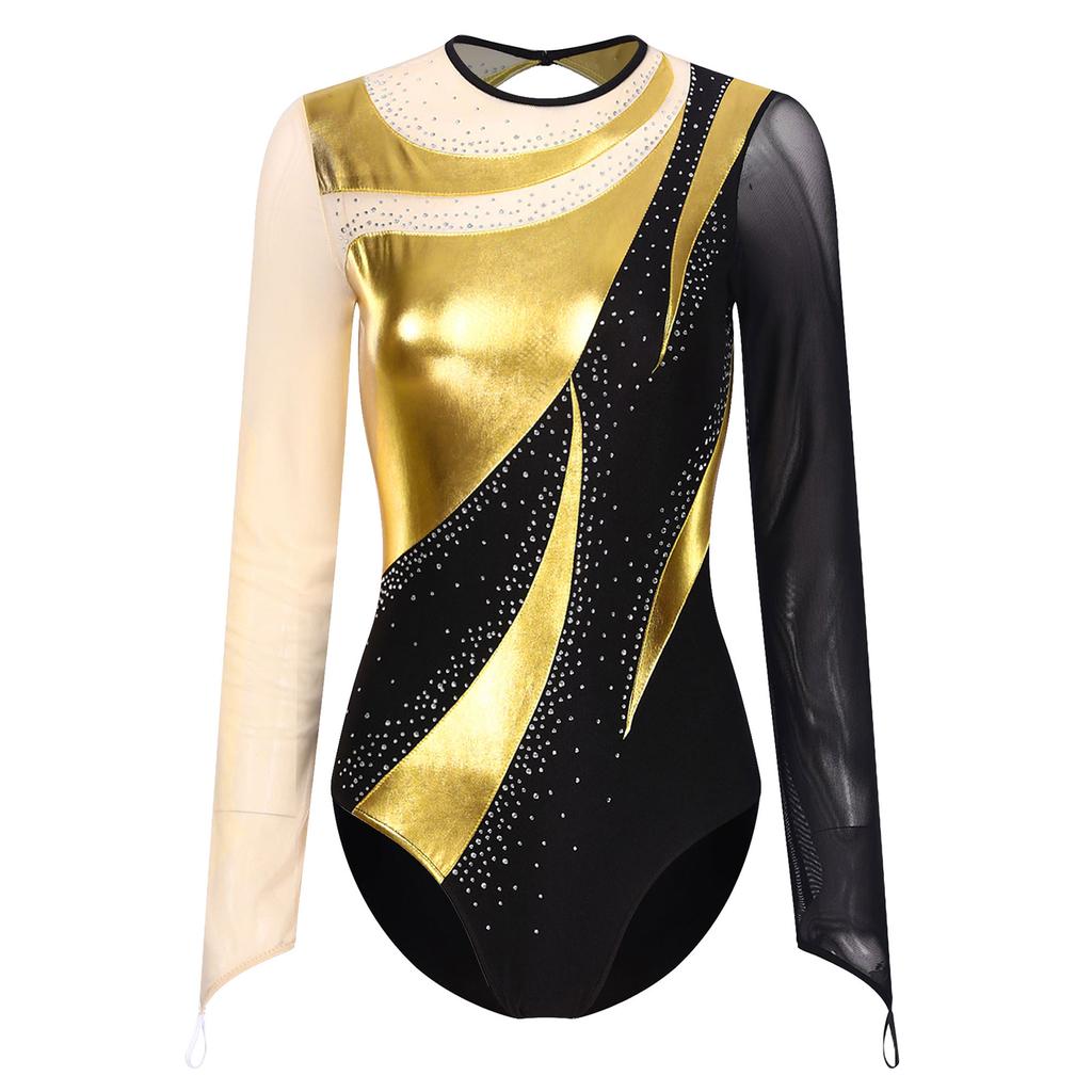 Womens Gymnastics Performance Metallic Patchwork Sheer Mesh Long Sleeve Leotard Cutout Back Shiny Rhinestone Bodysuit Dancewear