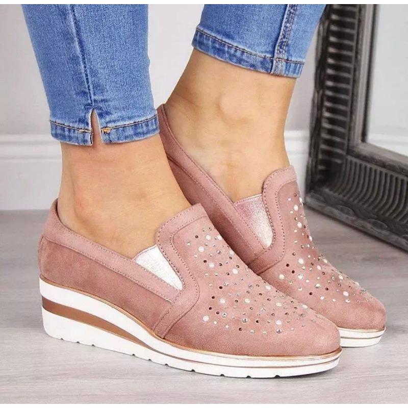 20 summer new rhinestone slope heel single shoes women's light flat lazy shoes large size medium heel women's shoes
