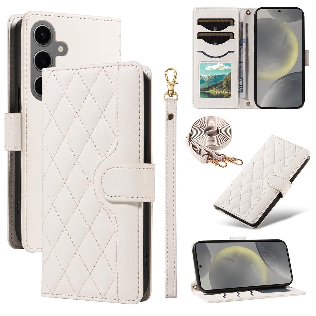 For Samsung Galaxy S25/S24 Case Wallet Rhombus Leather Phone Cover with Shoulder Strap,Wrist Strap