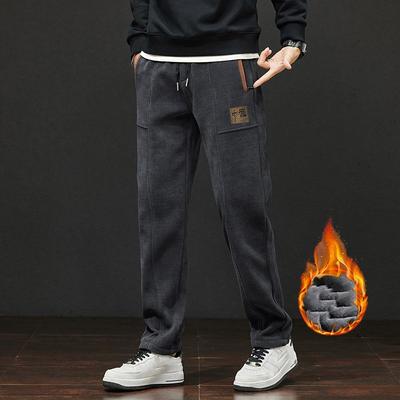 Men's Winter Casual Thick Sweatpants Embroidery Corduroy Straight Warm Pants Youth Outdoor Liner Velvet Trousers