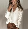 Women Winter Loose Knit Long Sleeve Tops V-Neck Pullovers Lace Jumpers Solid Autumn