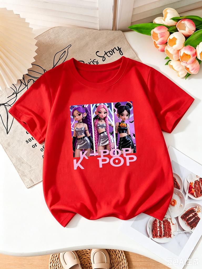Girls K-POP Halloween Demon Idol Print Short Sleeve T-Shirt Cute Cartoon Graphic Tee Kids Summer Casual Top