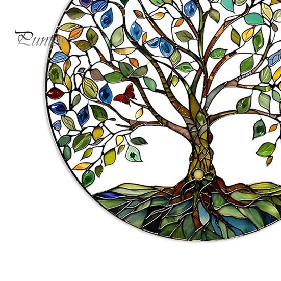 Indoor Outdoor Suncatcher Tree of Life Round Hanging Sign, Stained Glass Acrylic Sign Decoration, Window Wall Ornament for Sun Resistant