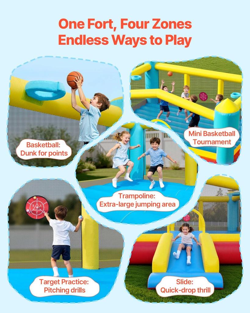 Inflatable Bounce House, 14.7 X 13.8 X 6.8 Ft Jumping Bouncy Castle, Inflatable Jumper for Kids with Slide, Basketball Hoop, Target Game & Jumping