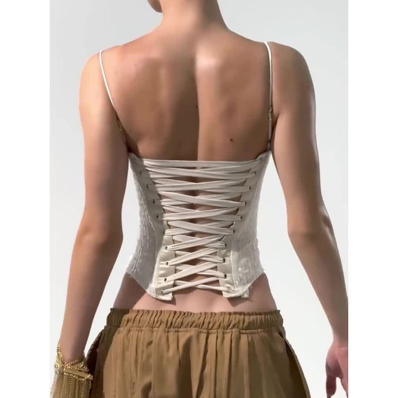 H Home European and American Women's Clothing Ins Fancy Contrast Colors False-Two-Piece Split Waist Strap Backless Lace Up Sequin Corset