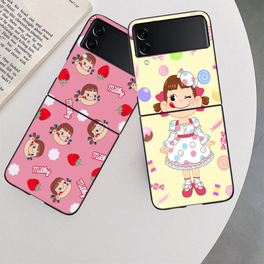 F-Fujiya M-Milky P-Peko C-chan Cartoon Phone Case For Samsung Z Flip 7 6 5G Galaxy Z Flip 5 4 3 Black Hard Cell Cover Luxury PC