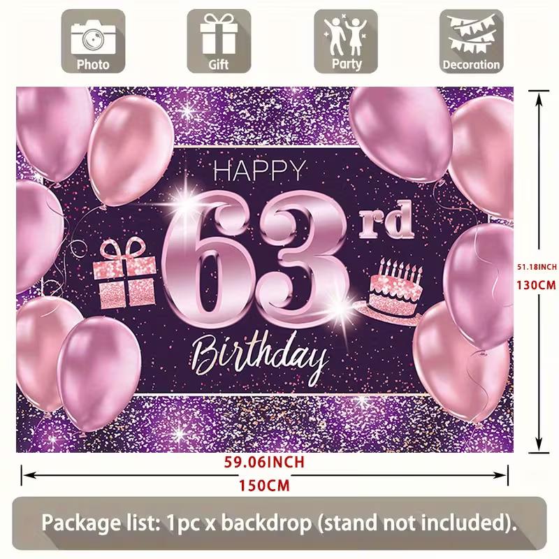2D 63rd Birthday Photography Backdrop Purple Glitter Rose Gold Party Photo Booth Banner