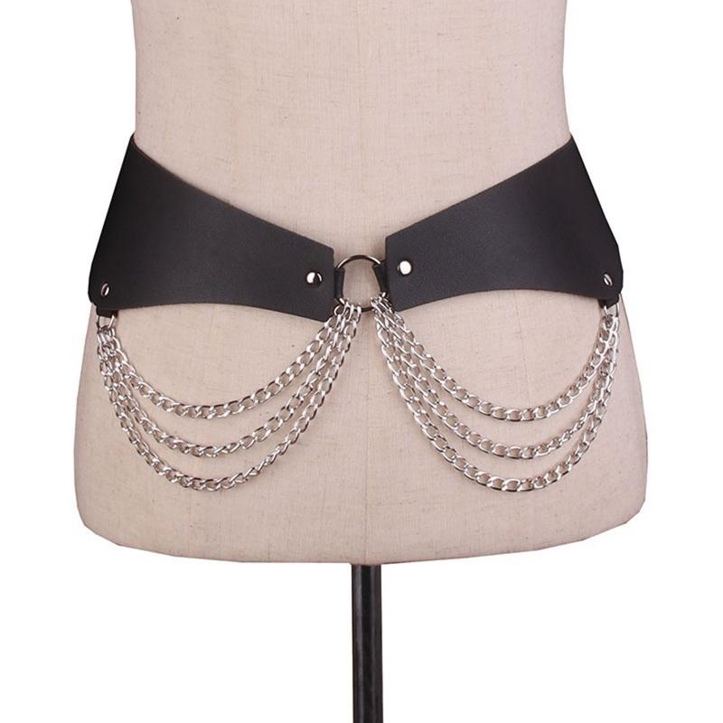Gothic Waist Chain Alloy and PU Leather Body Chains with Multi Layer Chain Decor Body Straps Accessories for Women Girl