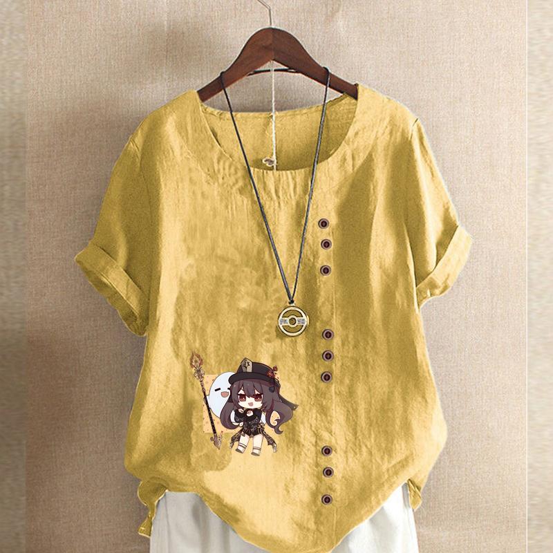 Women's Fashion Round Neck Short Sleeve T-shirt Casual Cotton Graphic Shirt Leisure Loose Cartoon Characters Prined Summer Blouse Tops