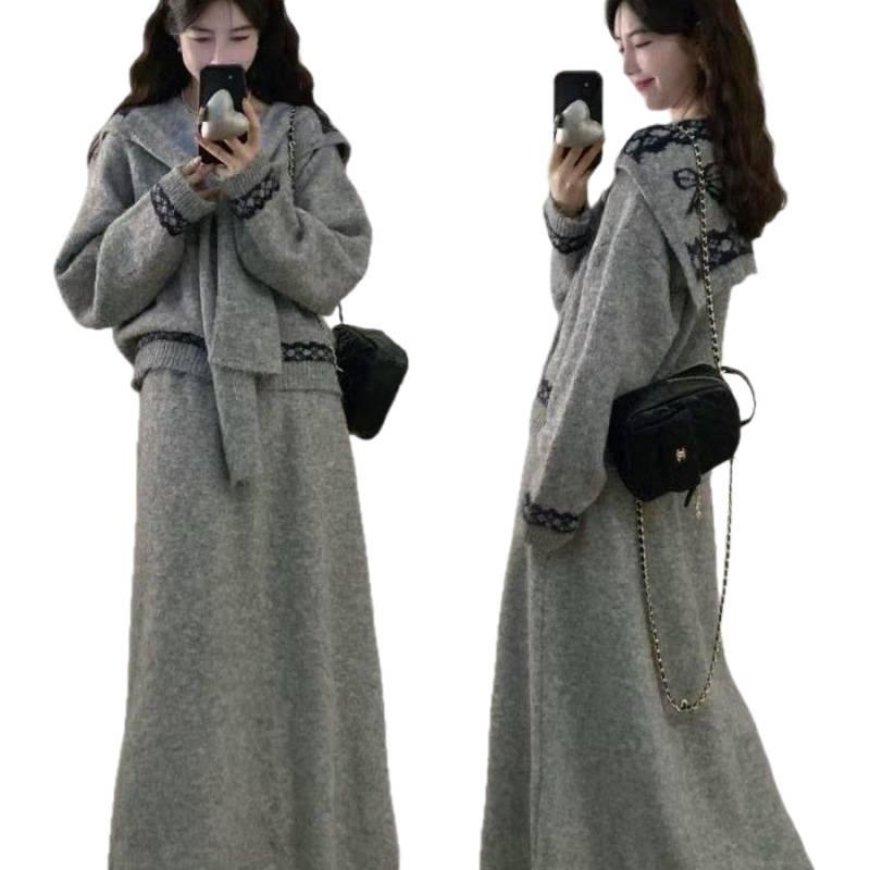 Korean Style V-Neck Jacquard Sweater & Knit Skirt Set - Plus Size, Loose Fit