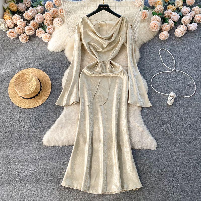 

Spring Retro Silm Mid Length Long Length Dress Dress Beige L