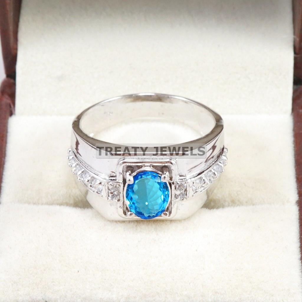Blue Topaz Oval Cut Gemstone With 925 Sterling Silver Ring For Men's #A895 JL375669057802