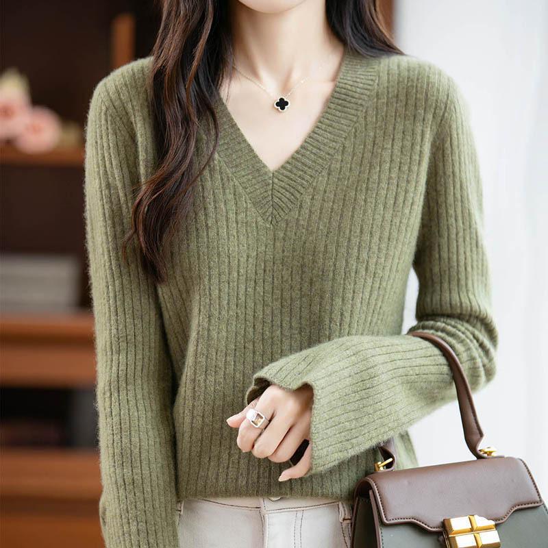 Women’s 2025 French V-Neck Striped Knit Sweater - Thickened, Long Sleeve, Warm Base Layer for Autumn & Winter